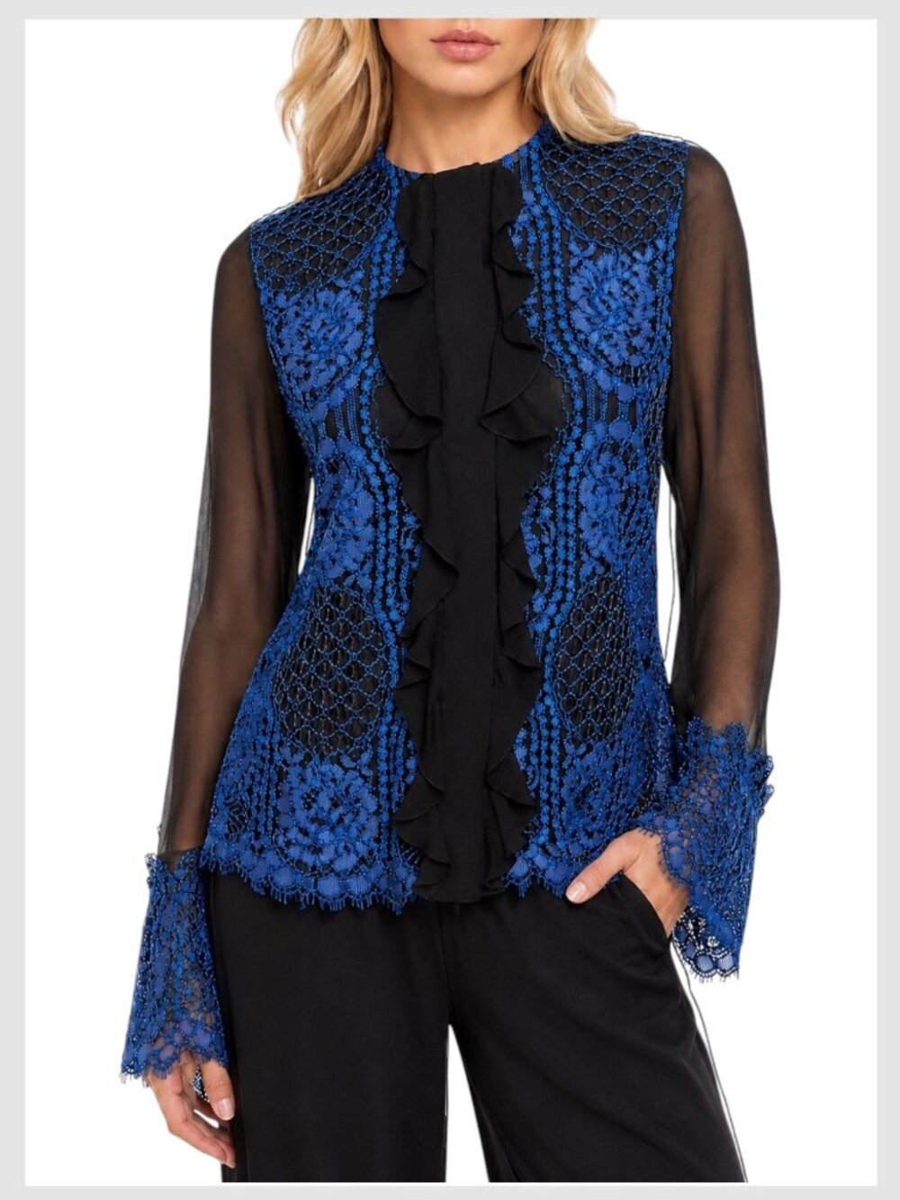 Alexis Lace Blouse Black Blue Silk Ruffle Front XS